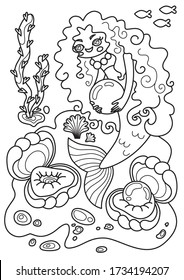 Cartoon page for coloring book with mermaid and pearls, hand-drawn vector illustration.