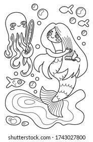 Cartoon page for coloring book with mermaid and octopus, hand-drawn vector illustration.