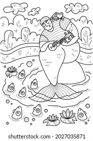 Cartoon page for coloring book with mermaid man, fish and frog, hand-drawn vector illustration