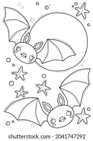 Cartoon page for coloring book with a vampire bat, hand-drawn vector illustration.