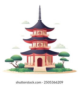 Cartoon pagoda in a japanese nature landscape with flat design vector illustration