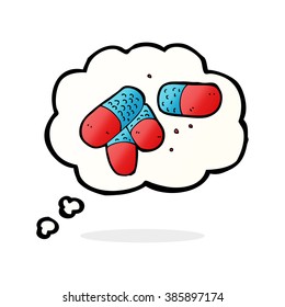 cartoon painkillers with thought bubble