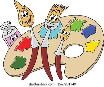 Cartoon paint brush characters smiling and posing in front of an artist's palette vector illustration