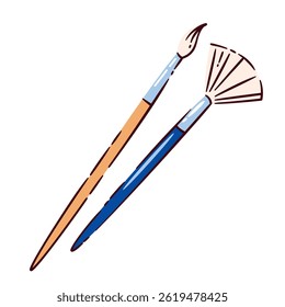 Cartoon paint brushes art tool in doodle fun line style. Vector illustration of art tool paintbrushes for artists and hobby projects