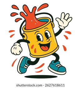 Cartoon paint can character energetically splashing paint, waving with excitement, ideal for art supplies, creativity, DIY projects, and colorful branding visuals.