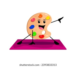 Cartoon paint palette school supply character on yoga fitness sport. Isolated vector artist tool blending creativity with pilates. Vibrant colors and serene poses make exercise an artful experience