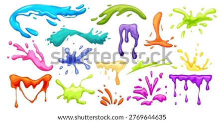 Cartoon paint splashes. Colorful paints splash fruit juice splatter, slime splat stain blot blob ink drop drip spray splotch splodge child art cartoon ingenious vector illustration