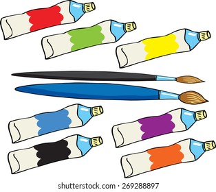 cartoon paint tubes and paint brushes