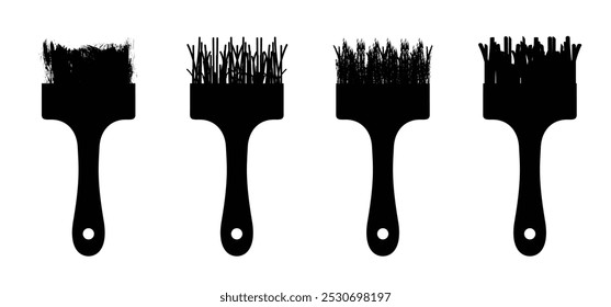 Pincéis de desenho animado ou pincéis com traçado de pincel. ícone de silhueta de pincel. Logotipo de pincel de tinta grunge preto. Ferramentas de carpintaria