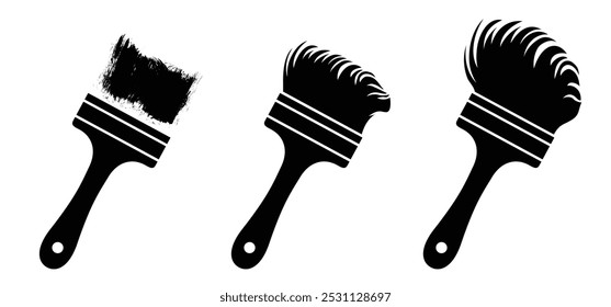 Pincéis de desenho animado ou pincéis com traçado de pincel. ícone de silhueta de pincel. Logotipo de pincel de tinta grunge preto. Ferramentas de carpintaria