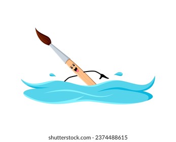 Cartoon paintbrush school supply character swimming in sea or pool on summer beach vacation. Isolated vector artist tool paint brush personage having outdoor water fun on summertime holidays