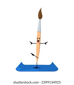 Cartoon paintbrush school supply character on yoga fitness sport. Isolated vector brush effortlessly flows through asana poses, promoting flexibility and inspiring a creative approach to training