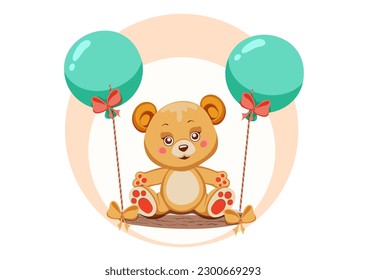 Cartoon painted cute bear cub is sitting on swing with balloons and bows. Design element for greeting card, mother's day, valentine's day, baby shower, invitation, birthday, party. Vector illustration