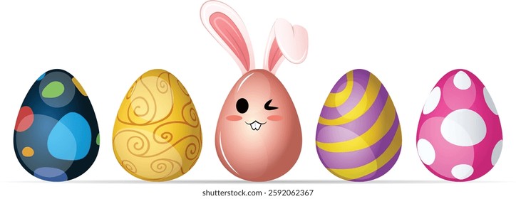 Cartoon Painted Easter Eggs Collection with Abstract Designs, Patterns and Bunny Ears. Cute Festive Egg Art Variety.