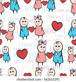 Cartoon painted lovers boy and girl with heart and the phrase I love you, seamless pattern, Valentine's Day background. Vector illustration in children's drawing style, hand drawing