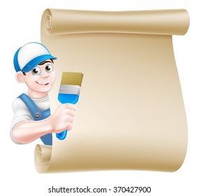 A cartoon painter decorator in a cap hat and blue dungarees holding a paintbrush tool and peeking around a scroll