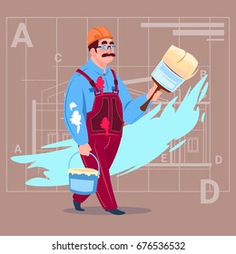 Cartoon Painter Hold Paint Brush Decorator Builder Wearing Uniform And Helmet Flat Vector Illustration