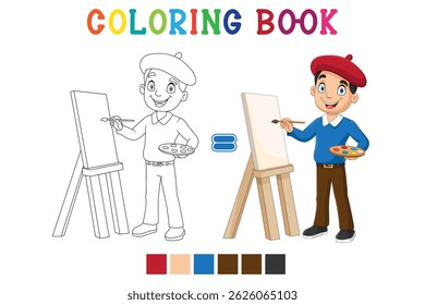 Cartoon of a painter painting a landscape in coloring book style