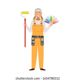 Cartoon painter with roller and fan color palette, character for children. Flat vector illustration
