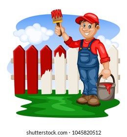 Cartoon Painter Standing in Front Of Painted Fence. Cute Mascot Character with Brush and Bucket of Paint