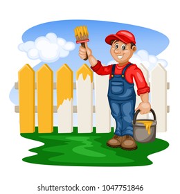 Cartoon Painter Standing in Front Of Painted Fence. Cute Mascot Character with Brush and Bucket of Paint