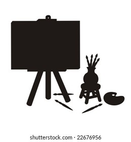 Cartoon painter stuff silhouette, with easel and canvas, pottery on a bench, palette and paintbrushes.
