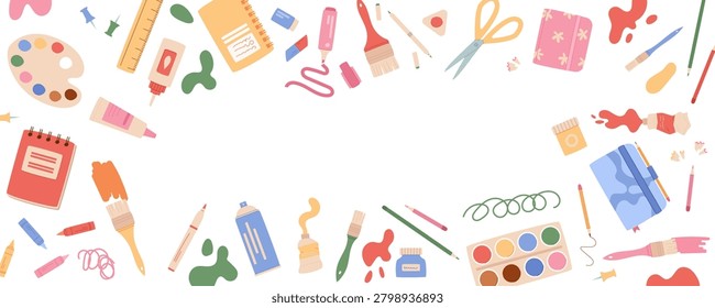 Cartoon painter supply on white background. Horizontal art frame as playful watercolor stationery. Rectangle template with brush, pencil, palette and paint as colorful craft kit for school or