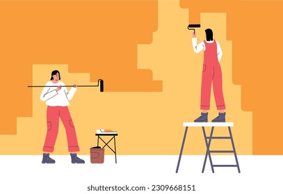 Cartoon painters paint wall. Professional decorators work with rollers on ladder. Yellow color. Premises renovation. Builders repairing room. Women decorating house