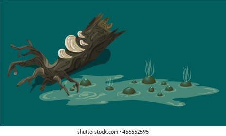 Cartoon painting of deep deadly swamp with splashes and smoke and old wooden stump with roots and mushrooms