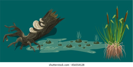 Cartoon painting of deep deadly swamp with splashes and smoke, reeds in grass and old wooden stump with roots and mushrooms