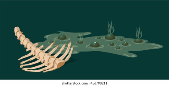 Cartoon painting of deep deadly swamp with splashes and smoke and animal spine bones  vector illustration