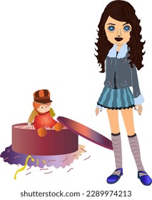 A cartoon painting of a girl with a teddy bear in a gift box