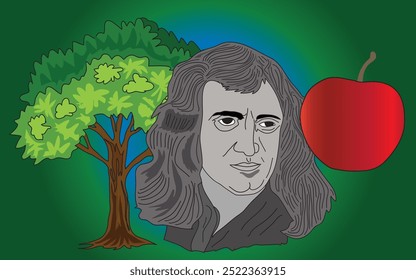 uma pintura em quadrinhos de Isaac Newton com uma macieira ao fundo e uma maçã vermelha nas proximidades, que se tornou famosa por sua teoria da gravidade, resultando na lei da gravidade de Newton.