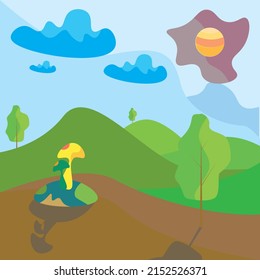 a cartoon painting with a mushroom bush as the main object and few trees in the background too.sun is shinning and clouds are in the blu sky.