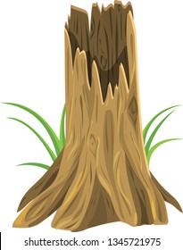 Cartoon painting of old wooden stump  isolated on white background