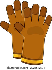 Cartoon Pair Of Brown Gardeners Hand Gloves. Vector Hand Drawn Illustration Isolated On Transparent Background