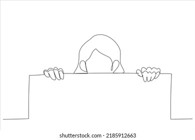 Cartoon of pair of cheerful woman eyes protrudes behind blank white board. Single continuous line art style
