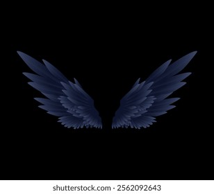 Cartoon pair of fairy wings. Angel and demon fantasy dark feather decorations. Grey dove or eagle bird wings in open position. Vector illustration isolated on black background