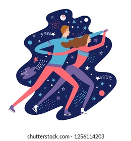 Cartoon pair ice skaters on decorative background. Romantic winter illustration for your design.