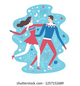 Cartoon pair ice skaters on decorative background. Romantic winter illustration for your design.