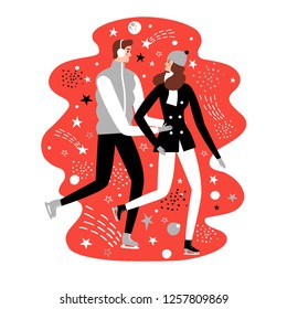 Cartoon pair ice skaters on decorative background. Romantic winter illustration for your design.