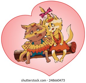 cartoon pair of lovers cats in heart, card for the Valentine's Day, drawn vector illustration