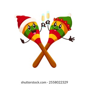 Cartoon pair of maracas musical instrument characters in festive Santa and elven hats celebrating Christmas or New Year. Cheerful expressions and clinking champagne glasses enjoying winter holiday