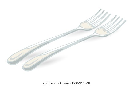 Cartoon pair of silver forks, tool for eating food, equipment for very fancy dinner. Vector part of kitchenware set. Concept of cutlery and tableware isolated on white background