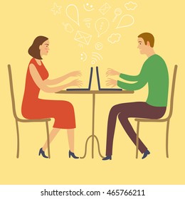 Cartoon pair sitting in cafe and using internet with laptop. Vector illustration about modern communications