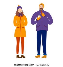 Cartoon pair wearing winter clothes holding hot coffee. Seasonal illustration for your design.