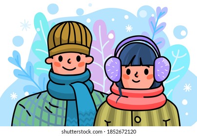 Cartoon Pair In Winter Clothes. Stay Warm This Winter Concept. Seasonal Illustration For Your Design.