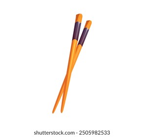 Cartoon pair of wooden chopsticks, elegantly tapered with tips, reflecting balance between functionality and aesthetics. Isolated vector bamboo sticks, Japanese restaurant utensil for grasping food