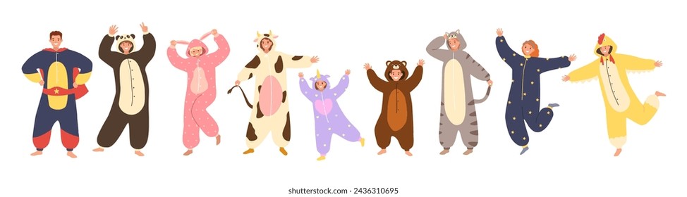 Cartoon pajamas characters. Funny animal onesies, colorful kigurumi for costume party or sleepover vector illustration set. Funny clothes for bedtime, rabbit, superhero, bear nightwear