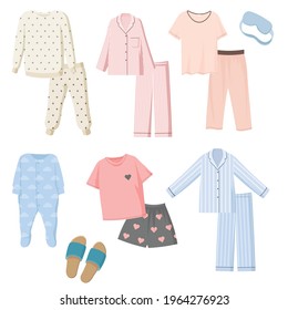 Cartoon pajamas for kids and adults vector illustrations set. Collection of pants and shirts for night wear, bedtime clothes, slippers isolated on white background. Fashion, clothes concept